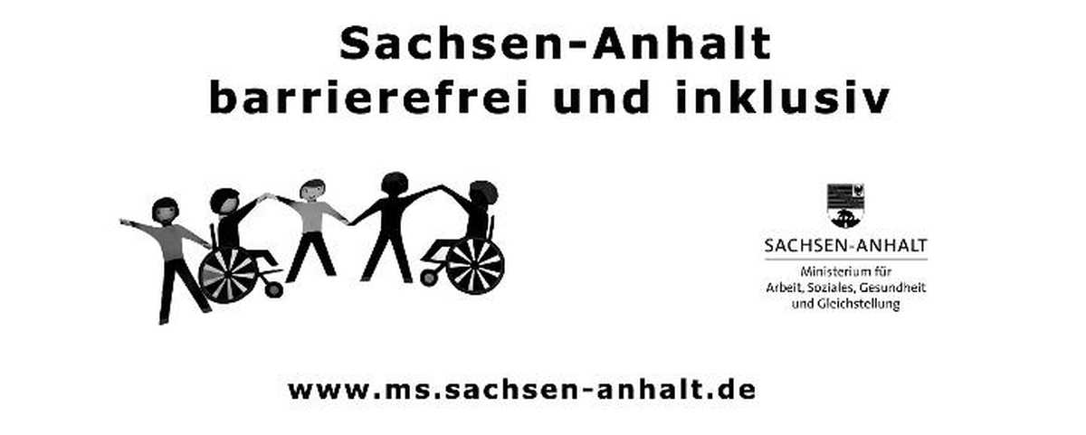 Logo Behindertenbeauftragter Sachsen-Anhalt - Textzeile: Sachsen-Anhalt barrierefrei und inklusiv, Zeichnung 5 Personen, 2 im Rollstuhl tanzend, Logo LSA und Adresse www.ms.sachsen-anhalt.de