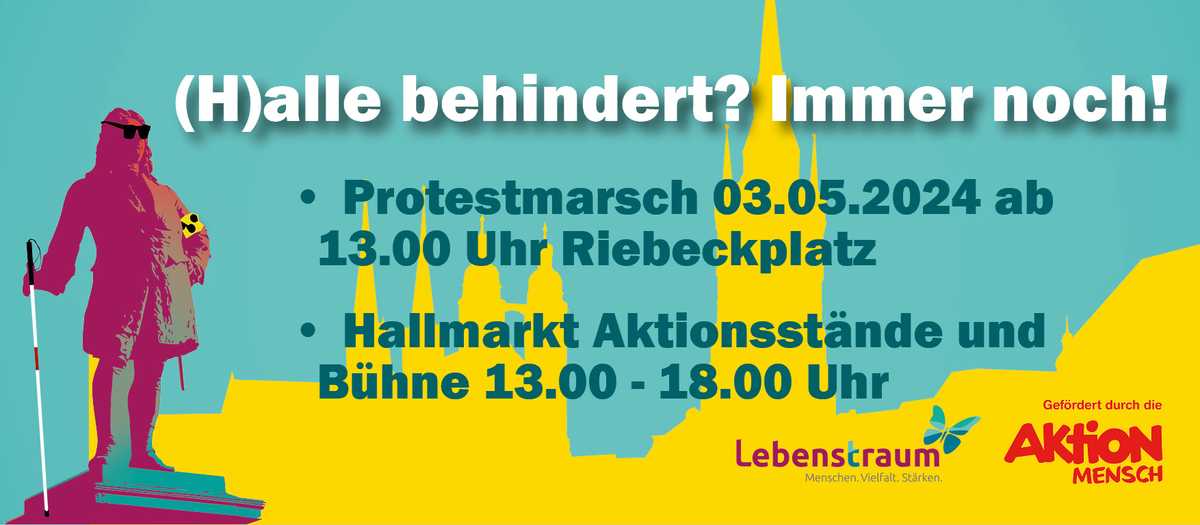 Flyer der Aktion, die benannten Infos finden Sie im Text. Silhouette der 5 Türme und Bild Händeldenkmal