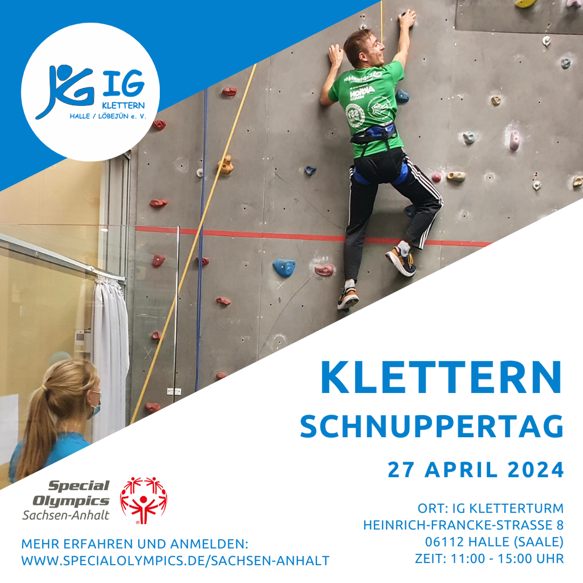 Einladung zu einem Kletter-Schnuppertag der IG Klettern Halle/Löbejün e.V. am 27.04.2024 Einladung zu einem Kletter-Schnuppertag der IG Klettern Halle/Löbejün e.V. am 27.04.2024