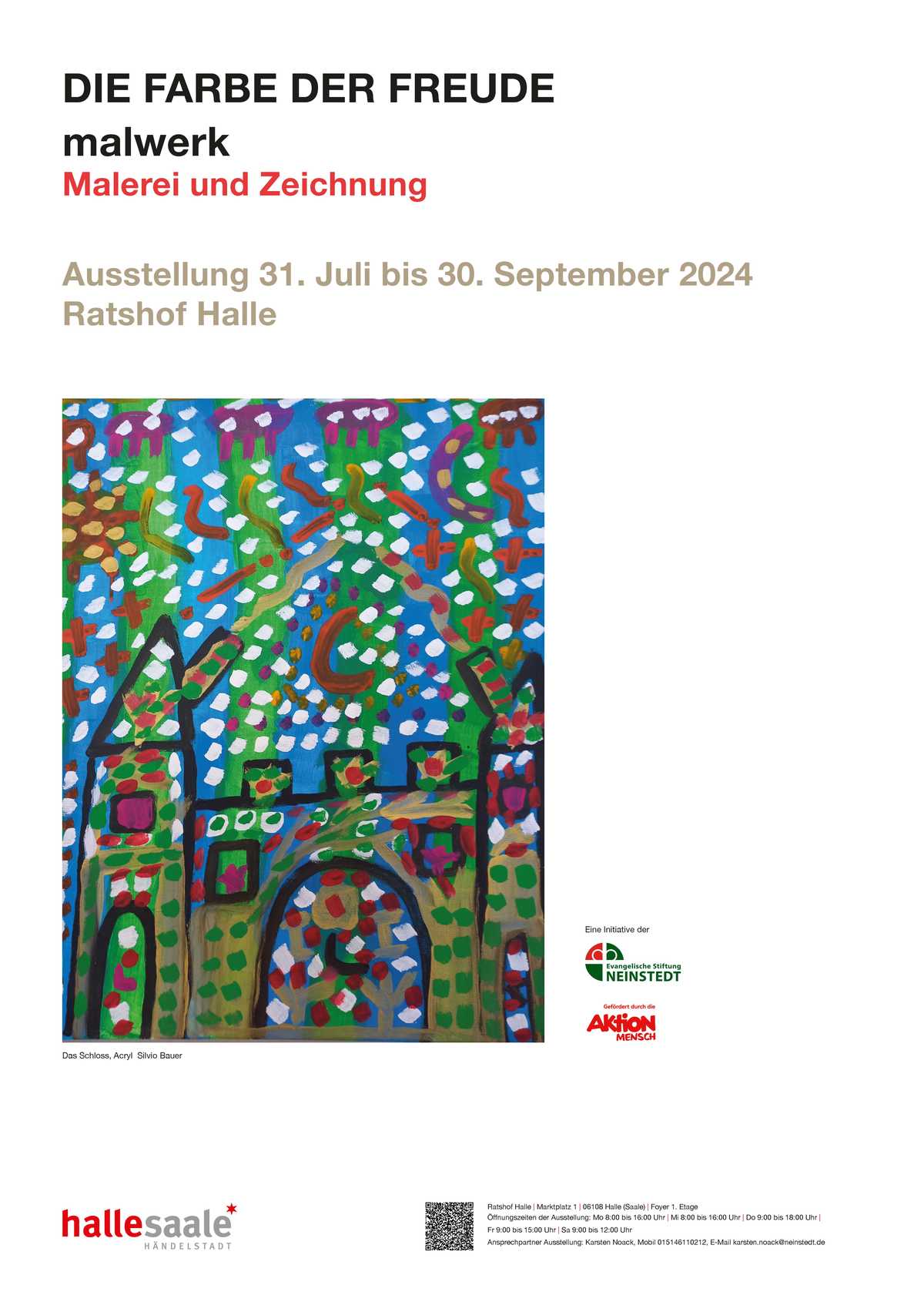 Plakat Ausstellung mit den Informationen zur Laufzeit (31.7. bis 30.9.2024) und einem gemalten Bild von einem  Schloss in dunklen freundlichen Farben. Das Bild ist übersät mit hellen weißen Punkten