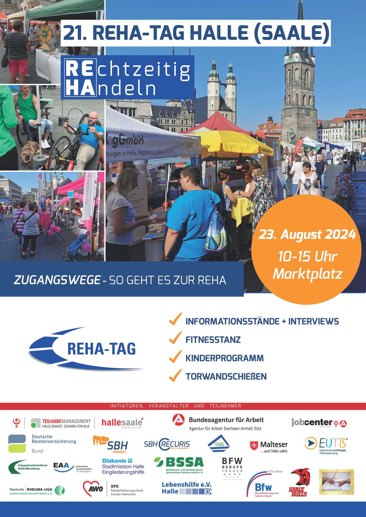 Bunte Stände auf dem halleschen Marktplatz, viele Menschen, blauer Himmel und im Hintergrund der Rote Turm und die Marktkirche, Infos zum Tag, Urzeit und die LOgos der Beteiligten Institutionen