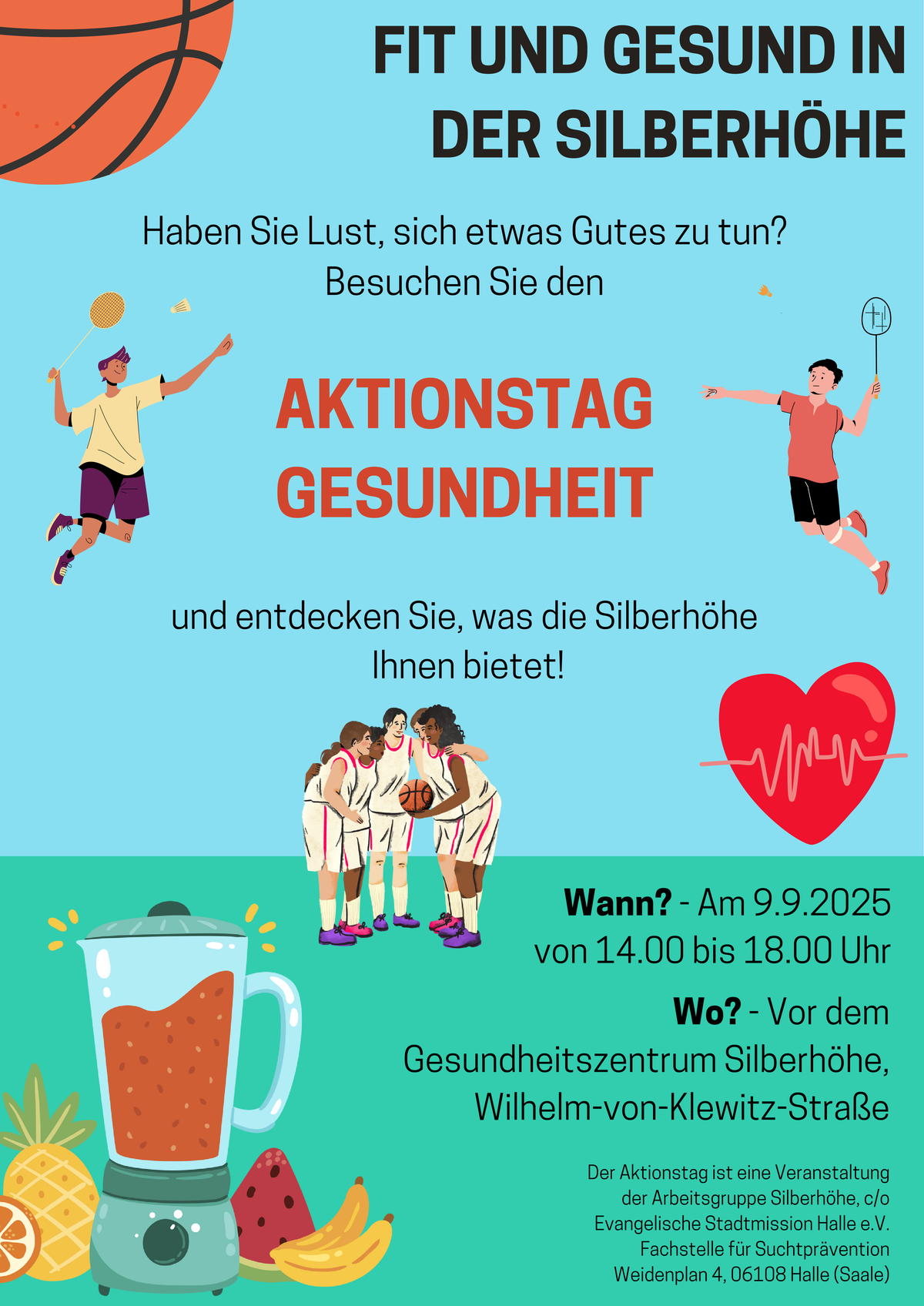 Plakat zur Veranstaltung 3. Aktionstag Gesundheit am 9. September 2025 auf der Silberhöhe Plakat zur Veranstaltung 3. Aktionstag Gesundheit am 9. September 2025 auf der Silberhöhe