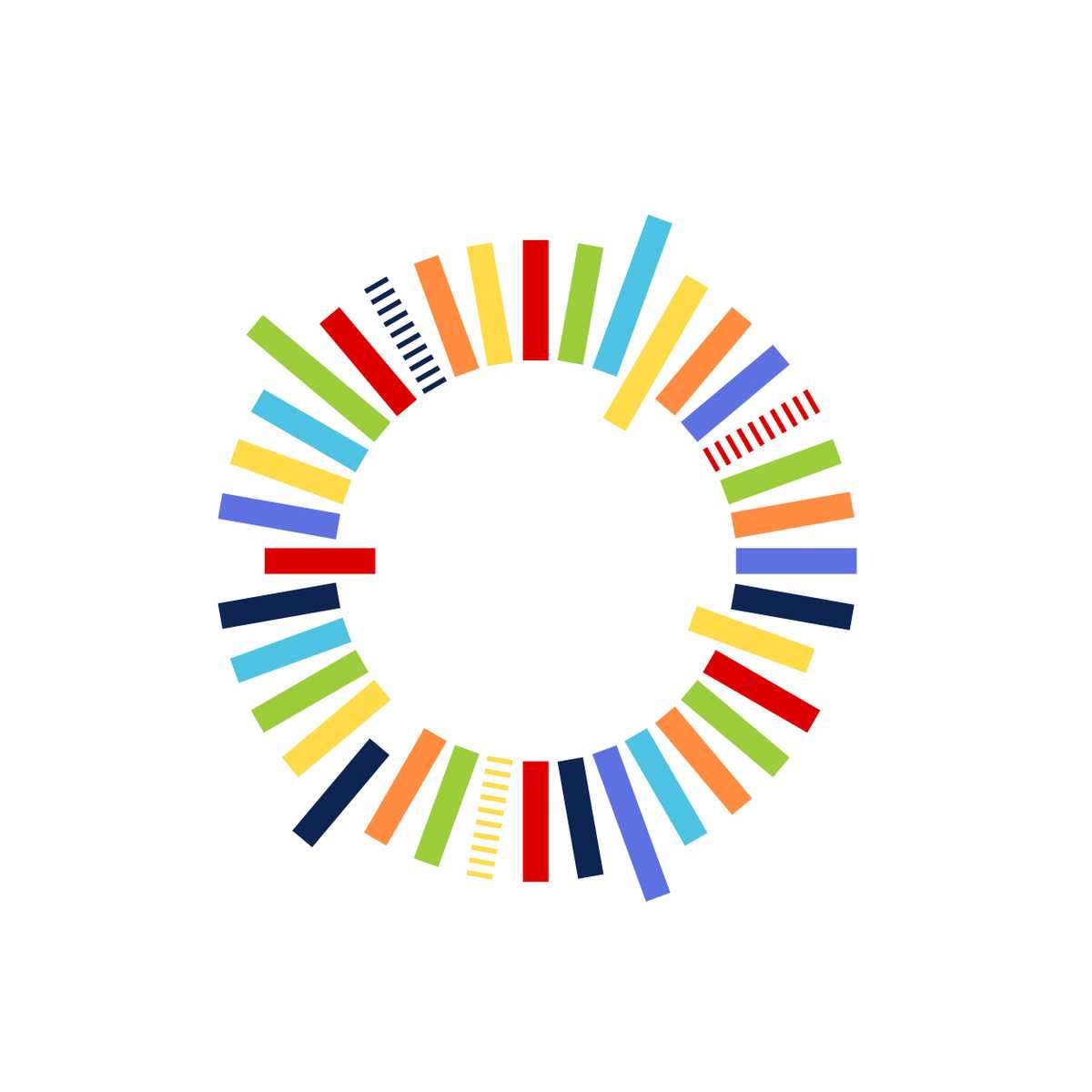 Verschieden farbige Striche sind mit Lücken rund angeordnet und bilden eine Kreis