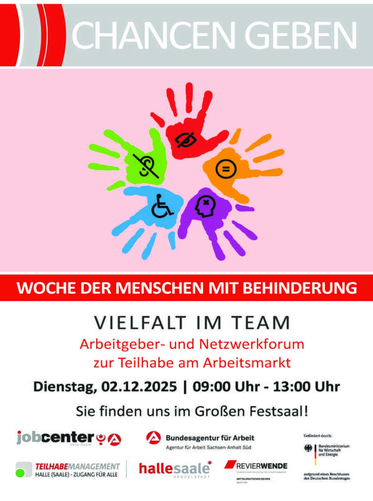 Plakat, Abbildung von Handabdrücken in unterschiedlichen Farben mit jeweils einem Symbol von Behinderung, untenstehend die Daten zur Veranstaltung und die Logos