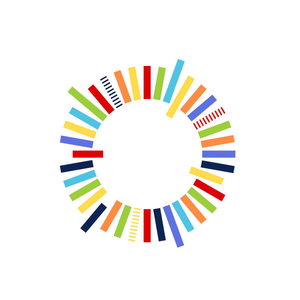 Verschieden farbige Striche sind mit Lücken rund angeordnet und bilden eine Kreis