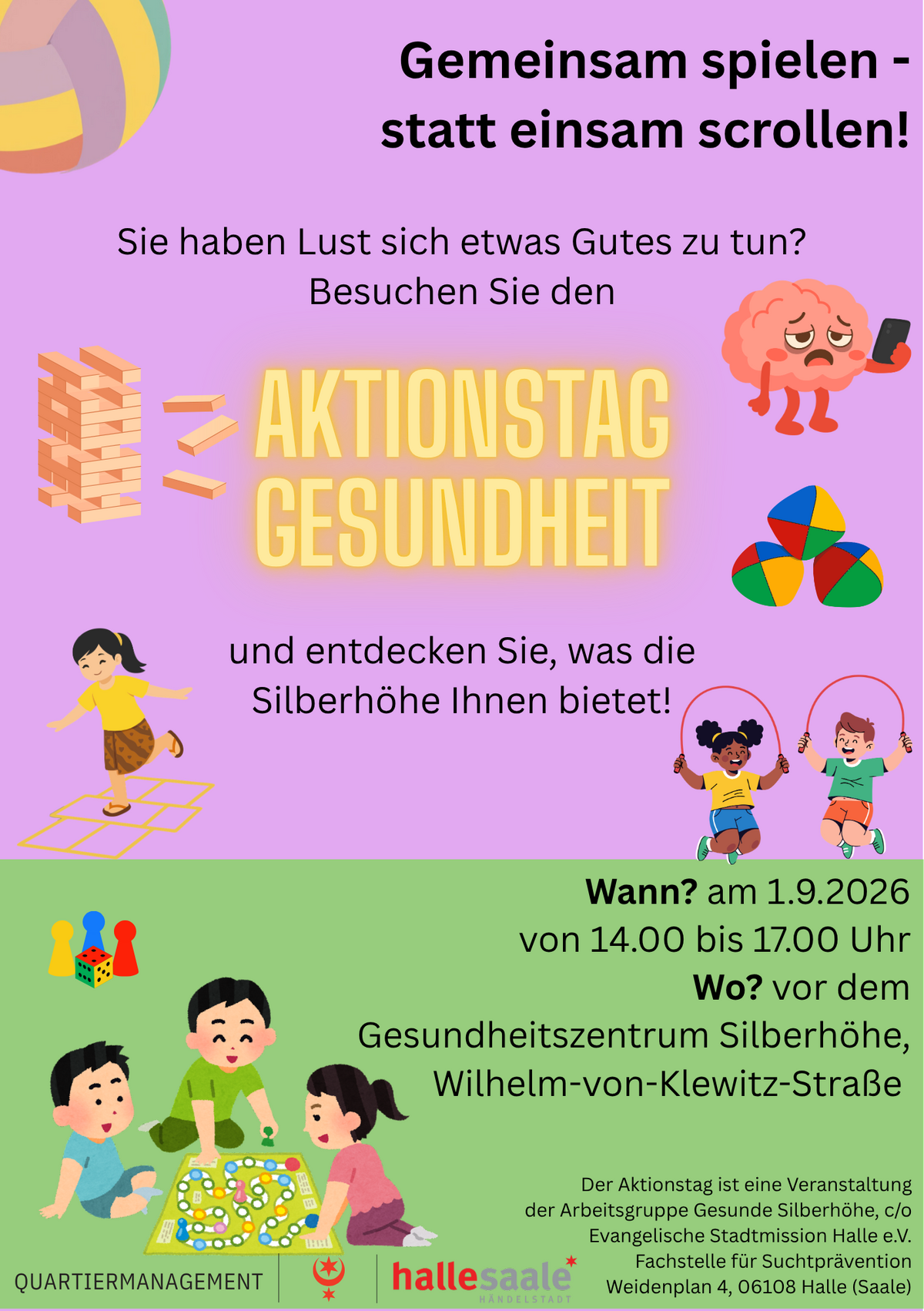 Plakat Aktionstag Gesundheit am 1. September 2026 auf der Silberhöhe vor dem Gesundheitszentrum - Motto: Gemeinsam spielen, statt einsam scrollen