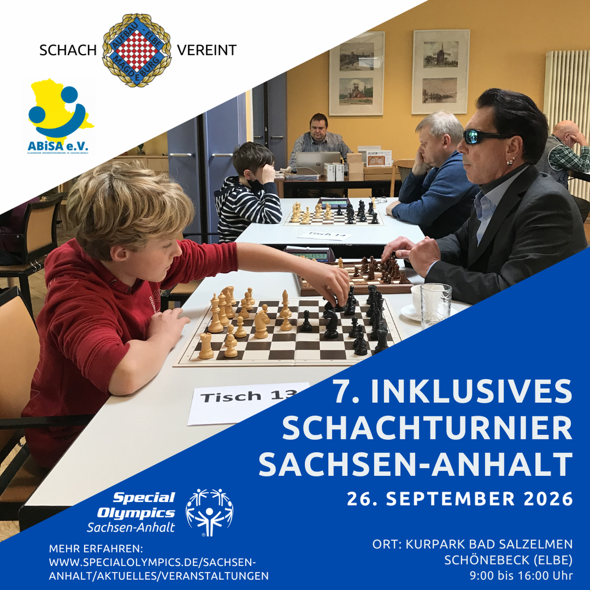 Werbegrafik für das 7. Inklusive Schachturnier Sachsen-Anhalt. Das Bild zeigt Kinder und Erwachsene beim gemeinsamen Schachspielen und wirbt für die Veranstaltung am 26. September 2026 im Kurpark Bad Salzelmen in Schönebeck (Elbe).