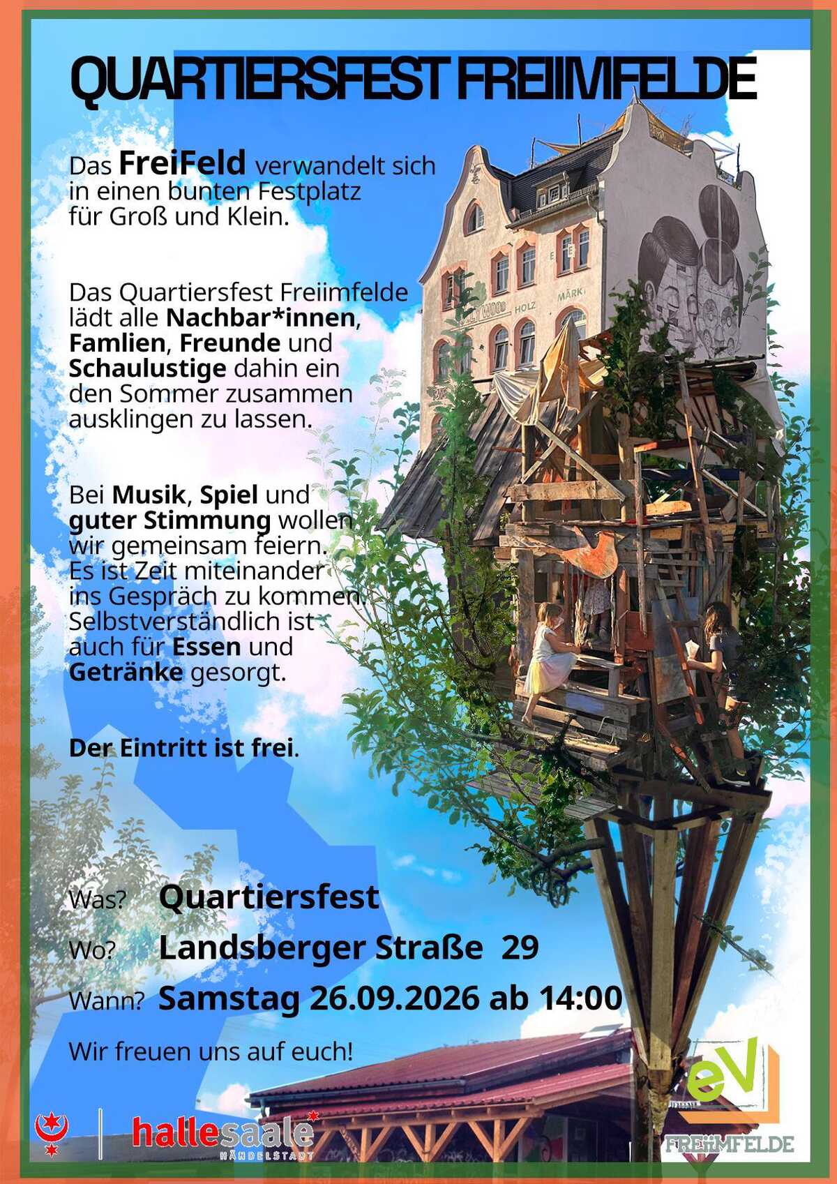 Farbenfrohe Veranstaltungsankündigung für das Quartiersfest Freimfelde. Die Grafik zeigt ein fantasievoll gestaltetes Gebäude und vermittelt den sommerlichen und nachbarschaftlichen Charakter des Festes mit Musik, Spiel, Essen und Getränken.