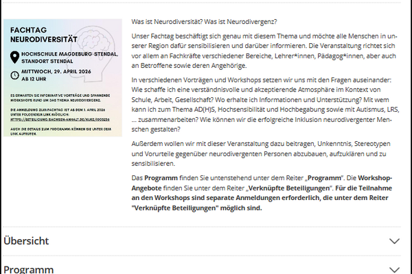 Screenshot der Veranstaltungsseite zum Fachtag Neurodiversität mit Umrahmung des Menpüunktes "Verknüpfte Beteiligungen", um sich für Workshops am Nachmittag anmelden zu können.